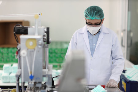 Worker in personal protective equipment or PPE inspecting quality of mask and medical face mask production line in factory, manufacturing industry and factory concept.の写真素材