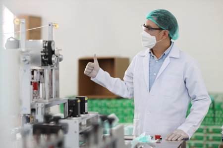 Worker in personal protective equipment or PPE inspection quality showing thumb up in mask and medical face mask production line factory, manufacturing industry and factory concept.の写真素材
