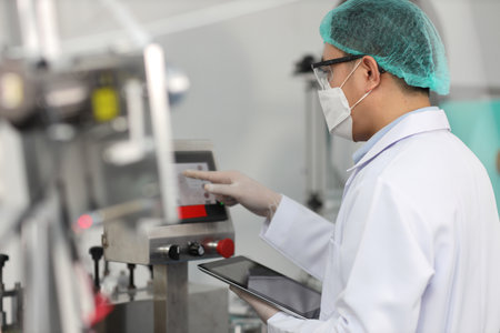 Worker in personal protective equipment or PPE inspecting quality of mask and medical face mask production line in factory, manufacturing industry and factory concept.の写真素材