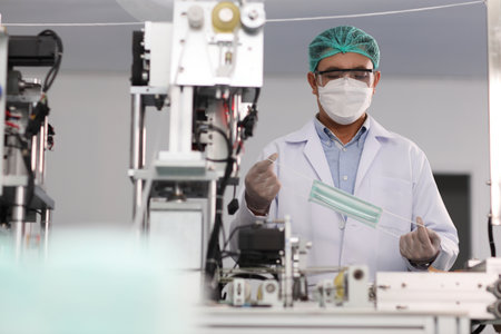 Worker man in personal protective equipment or PPE inspecting quality of mask and medical face mask production line in factory, manufacturing industry and factory concept.の写真素材