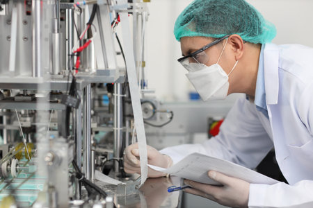 Worker in personal protective equipment or PPE inspecting quality of mask and medical face mask production line in factory, manufacturing industry and facの写真素材
