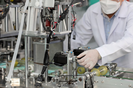 Worker hands in personal protective equipment or PPE inspecting quality of mask and medical face mask production line in factory, manufacturing industry and factory concept.の写真素材