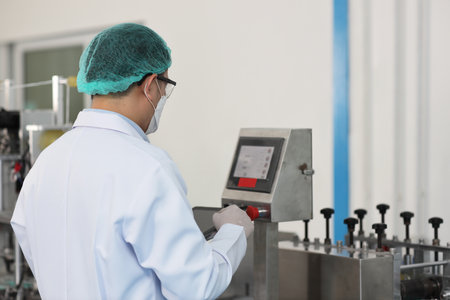 Worker in personal protective equipment or PPE inspecting quality of mask and medical face mask production line in factory, manufacturing industry and factory concept.の写真素材