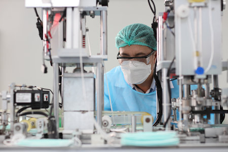 Worker in personal protective equipment or PPE inspecting quality of mask and medical face mask production line in factory, manufacturing industry and factory concept.の写真素材