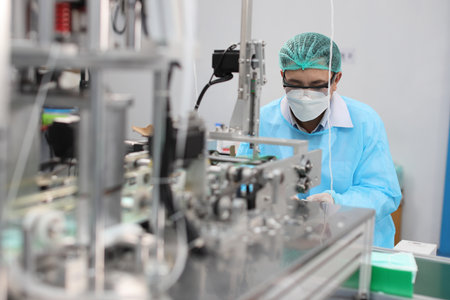 Worker in personal protective equipment or PPE inspecting quality of mask and medical face mask production line in factory, manufacturing industry and factory concept.の写真素材