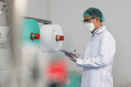 Worker man in personal protective equipment or PPE inspecting quality of mask and medical face mask production line in factory, manufacturing industry and factory concept.の写真素材