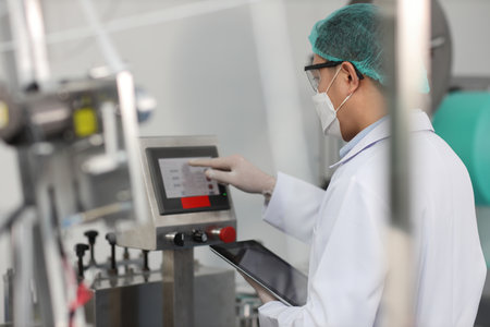 Worker man in personal protective equipment or PPE inspecting quality of mask and medical face mask production line in factory, manufacturing industry and factory concept.の写真素材