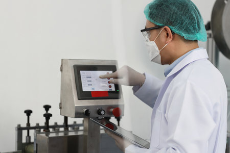 Worker in personal protective equipment or PPE inspecting quality of mask and medical face mask production line in factory, manufacturing industry and factory concept.の写真素材