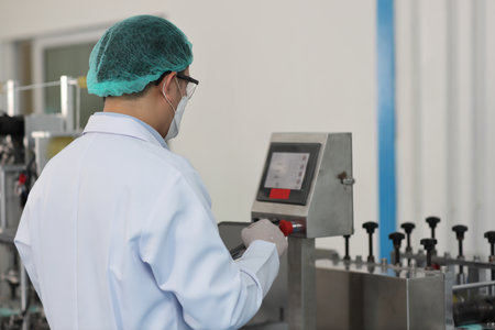 Worker in personal protective equipment or PPE inspecting quality of mask and medical face mask production line in factory, manufacturing industry and factory concept.の写真素材