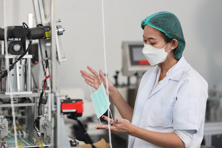 Worker woman in personal protective equipment or PPE inspecting quality of mask and medical face mask production line in factory, manufacturing industry and factory concept.の写真素材