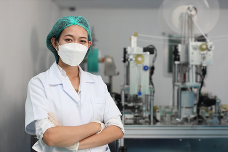 Worker in personal protective equipment or PPE inspection quality crossed arms and looking camera in mask and medical face mask production line factory, manufacturing industry and factory concept.の写真素材