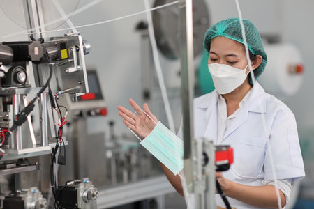 Worker woman in personal protective equipment or PPE inspecting quality of mask and medical face mask production line in factory, manufacturing industry and factory concept.の写真素材