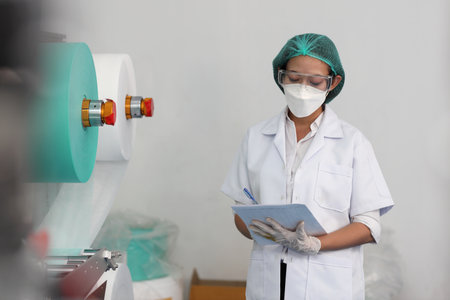 Worker woman in personal protective equipment or PPE inspecting quality of mask and medical face mask production line in factory, manufacturing industry and factory concept.の写真素材
