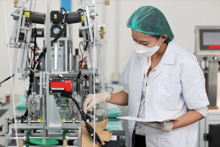 Worker woman in personal protective equipment or PPE inspecting quality of mask and medical face mask production line in factory, manufacturing industry and factory concept.の写真素材