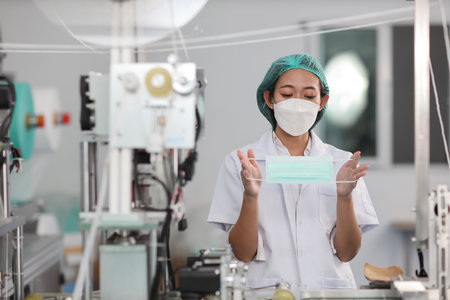 Worker woman in personal protective equipment or PPE inspecting quality of mask and medical face mask production line in factory, manufacturing industry and factory concept.の写真素材