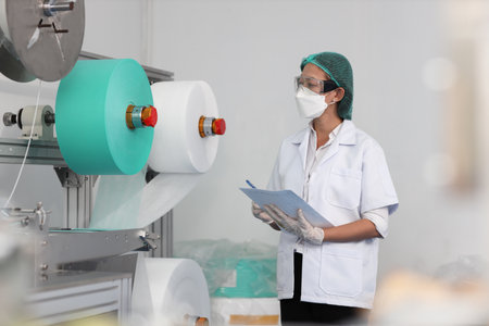 Worker woman in personal protective equipment or PPE inspecting quality of mask and medical face mask production line in factory, manufacturing industry and factory concept.の写真素材