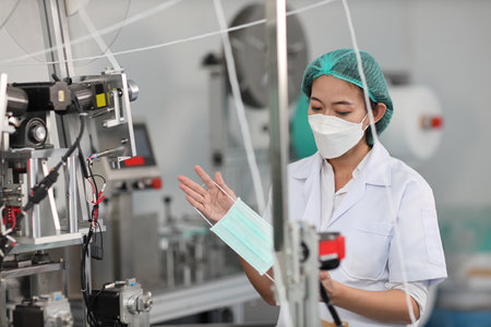 Worker woman in personal protective equipment or PPE inspecting quality of mask and medical face mask production line in factory, manufacturing industry and factory concept.の写真素材
