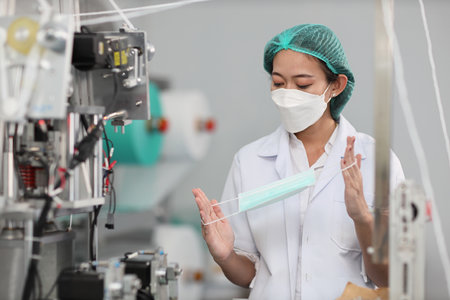 Worker woman in personal protective equipment or PPE inspecting quality of mask and medical face mask production line in factory, manufacturing industry and factory concept.の写真素材