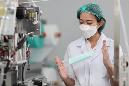 Worker woman in personal protective equipment or PPE inspecting quality of mask and medical face mask production line in factory, manufacturing industry and factory concept.の写真素材