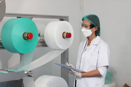 Worker woman in personal protective equipment or PPE inspecting quality of mask and medical face mask production line in factory, manufacturing industry and factory concept.の写真素材