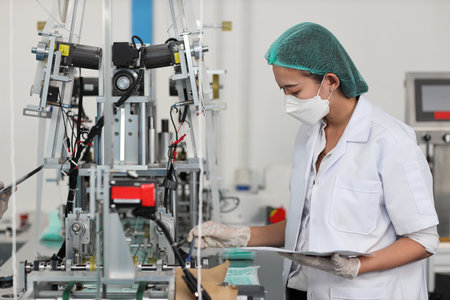 Worker woman in personal protective equipment or PPE inspecting quality of mask and medical face mask production line in factory, manufacturing industry and factory concept.の写真素材