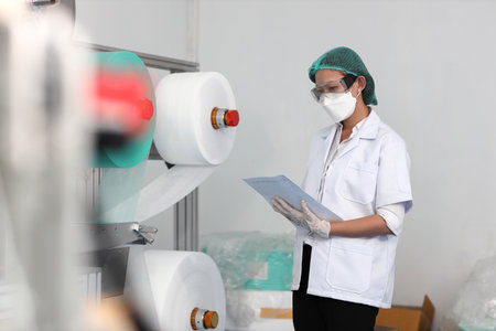 Worker woman in personal protective equipment or PPE inspecting quality of mask and medical face mask production line in factory, manufacturing industry and factory concept.の写真素材