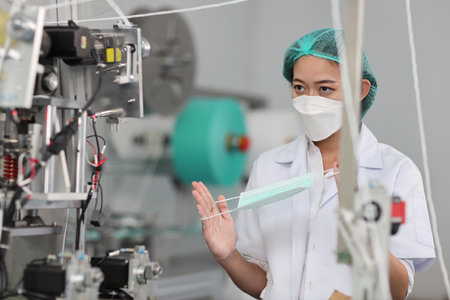 Worker woman in personal protective equipment or PPE inspecting quality of mask and medical face mask production line in factory, manufacturing industry and factory concept.の写真素材