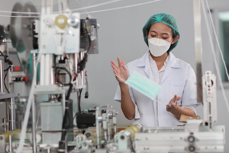 Worker woman in personal protective equipment or PPE inspecting quality of mask and medical face mask production line in factory, manufacturing industry and factory concept.の写真素材