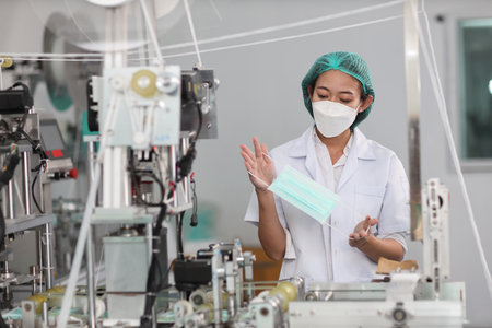 Worker woman in personal protective equipment or PPE inspecting quality of mask and medical face mask production line in factory, manufacturing industry and factory concept.の写真素材