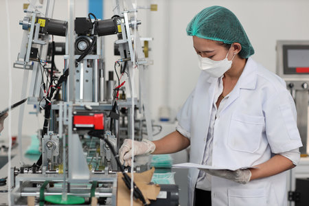 Worker woman in personal protective equipment or PPE inspecting quality of mask and medical face mask production line in factory, manufacturing industry and factory concept.の写真素材
