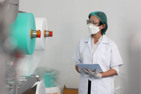 Worker woman in personal protective equipment or PPE inspecting quality of mask and medical face mask production line in factory, manufacturing industry and factory concept.の写真素材