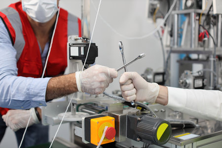 Caucasian mechanic technician maintenance, repairing industrial machinery equipment in factory. Worker in protective clothing with goggles and holding wrench greeting at manufacturing factoryの写真素材