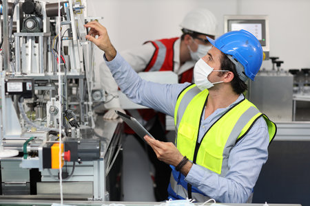 Caucasian mechanic technician maintenance, repairing industrial machinery equipment in factory. Professional worker in protective clothing with computer and mask using wrench at manufacturing factoryの写真素材