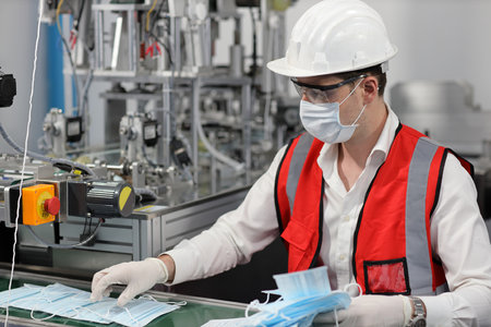 Caucasian mechanic technician maintenance or PPE inspecting quality of mask and medical face mask production line in factory, manufacturing industry and factory concept.の写真素材