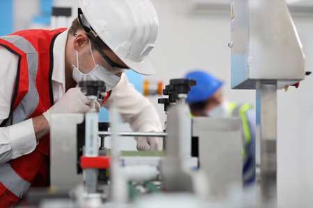Caucasian mechanic technician maintenance or PPE inspecting quality of mask and medical face mask production line in factory, manufacturing industry and factory concept.の写真素材