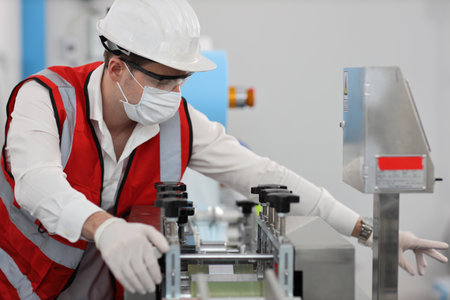 Caucasian mechanic technician maintenance or PPE inspecting quality of mask and medical face mask production line in factory, manufacturing industry and factory concept.の写真素材
