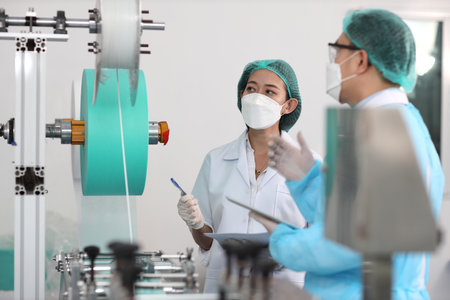 Inspector man and colleague woman working on quality of mask and medical face mask production line, Industry and factory concept.の写真素材
