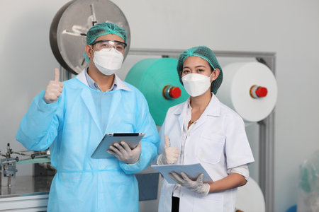 Inspector man and colleague woman working on quality of mask and medical face mask production line while showing thumb up and looking camera at Industry and factory.の写真素材