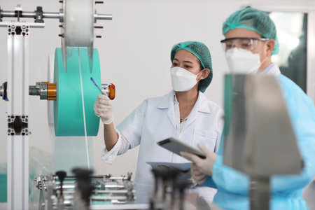 Worker woman and man in personal protective equipment or PPE inspecting checking quality of mask and medical face mask production line in factory, manufacturing industry and factory concept.の写真素材