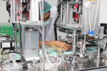 Asian worker inspecting quality of mask and medical face mask production line, Industry and factory concept.の写真素材