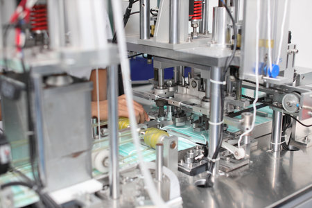 Asian worker hands inspecting quality of mask and medical face mask production line, Industry and factory concept.の写真素材