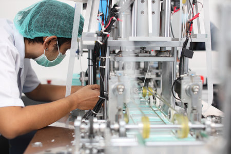Asian worker inspecting quality of mask and medical face mask production line, Industry and factory concept.の写真素材