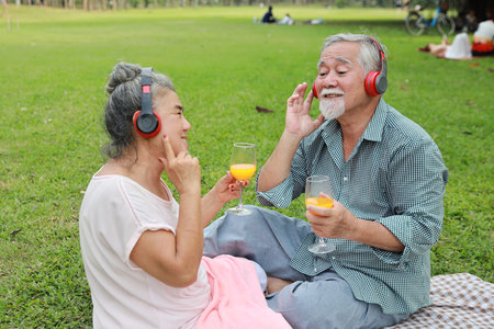 Happy asian senior man and woman sitting on blanket and having fun on picnic in garden outdoor. Lover couple drinking orange juice and embracing at the park. Happiness marriage lifestyle concept.の写真素材