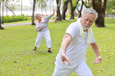Asian senior couple practice yoga excercise, tai chi tranining, stretching and meditation together with relaxation for healthy in park outdoor after retirement. Happy elderly outdoor lifestyle conceptの写真素材