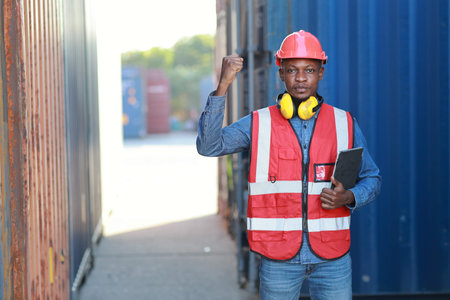 Foreman using tablet and walkie talkie radio control loading containers box. Engineer or worker with...