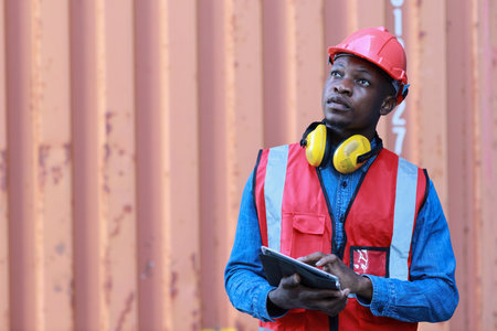 Foreman using tablet and walkie talkie radio control loading containers box. Engineer or worker with safety hat work at container cargo site and checking industrial container cargo freight ship.の写真素材
