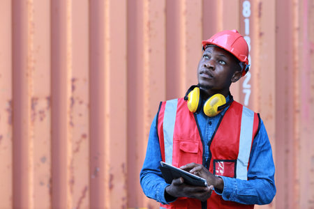 Foreman using tablet and walkie talkie radio control loading containers box. Engineer or worker with safety hat work at container cargo site and checking industrial container cargo freight ship.の写真素材