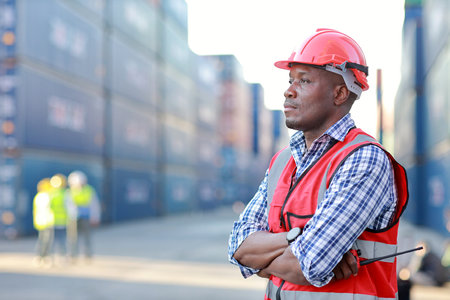 Foreman crossed arms and holding walkie talkie radio control loading containers box. Confident engineering with helmet work at container cargo site and checking industrial container cargo freight shipの写真素材