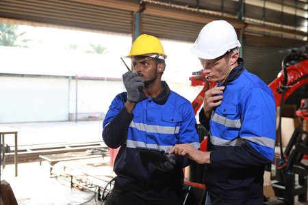 Professional heavy industry technician engineer maintenance and check part of robot arm machine in intelligent factory with computer and walkie talkie. Industrial and technology support system conceptの写真素材
