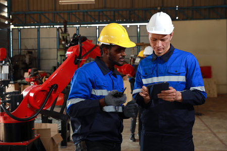 Professional heavy industry technician engineer maintenance and check part of robot arm machine in intelligent factory with computer and walkie talkie. Industrial and technology support system conceptの写真素材